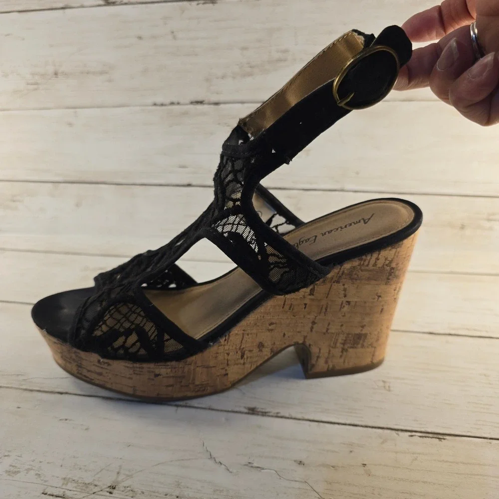 American Eagle Black Lace Cork Wedge Sandals Womens Sz 7 Platform Peep Toe Boho
